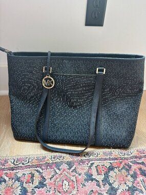Michael Kors Ciara Large Logo Top Zip Navy Monogram Work Tote